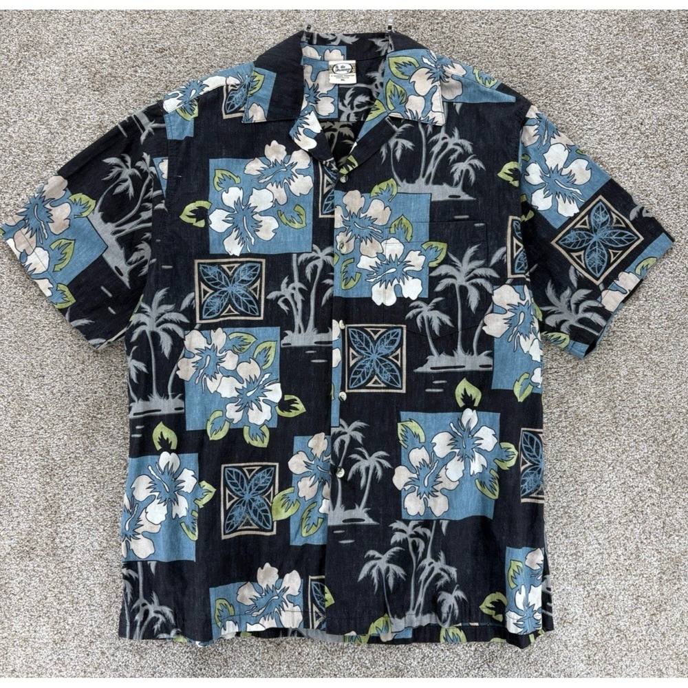 Vintage Go Barefoot Hawaiian Button Shirt Mens XL Blue Gray Hawaii Reverse Print